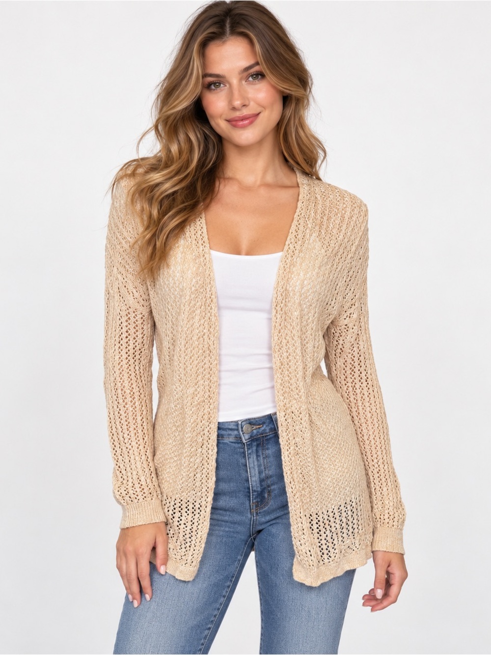 Mudd oatmeal lightweight open knit cardigan lace up back traditional & layering